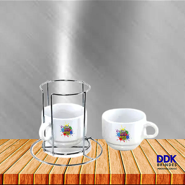 Kit 2 Xícaras Personalizada Cerâmica 180 ml e Suporte de Metal
