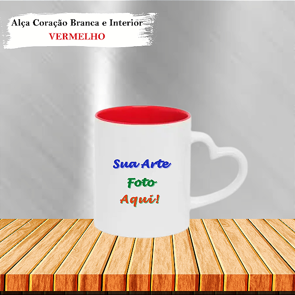 Caneca Personalizada Alça Coração Bca e Interior Colorido Cerâmica 325ml (Div. Cores)