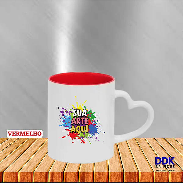 Caneca Personalizada Cerâmica 325ml Alça Coração Bca e Interior Colorido