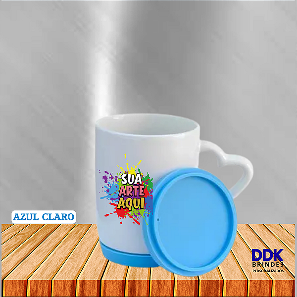 Caneca Personalizada Ceramica 325ml Branca com Tampa e Base de Silicone Colorido