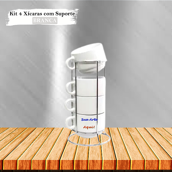 Kit 4 Xícaras Personalizada, Cerâmica 180 ml e Suporte de Metal