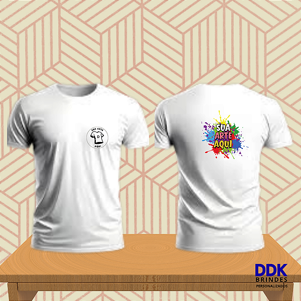 Camiseta Personalizada Poliéster Branca Com Sua Logo na Frente e Arte no Costas