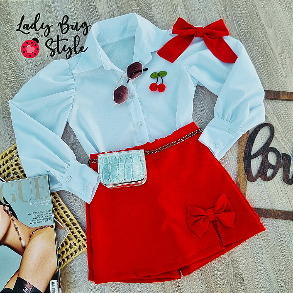 Conjunto Shorts-Saia Laço com Camisa Bufante