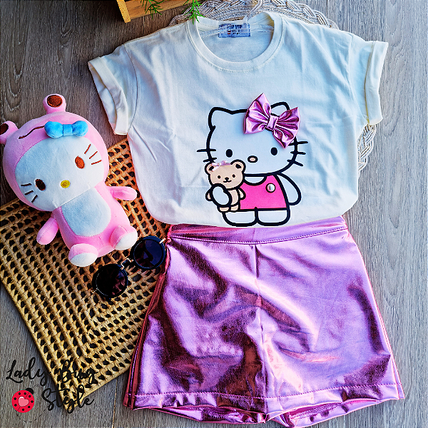 Conjunto Shorts Saia T-Shirt Hello Kitty Laço