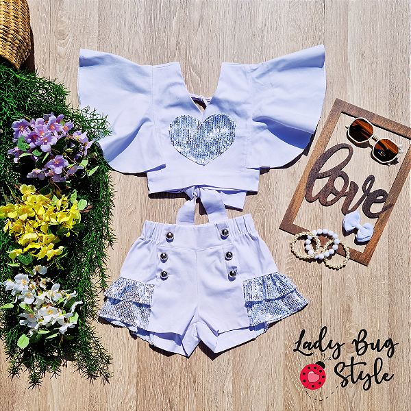 Conjunto Paetê Coração Branco