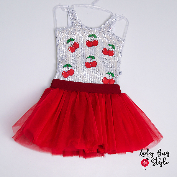 Conjunto Body Paete Cereja com Saia de Tule