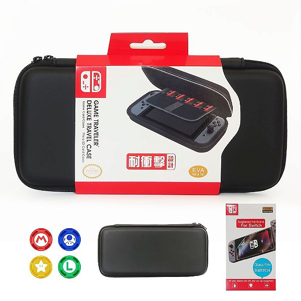 Case Capa Estojo Nintendo Switch Padrão e Oled + Película de Vidro + 4 Grips