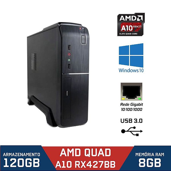 Computador Slim AMD Quad A10 RX427BB, RAM 8GB, SSD 120 GB, Windows 10