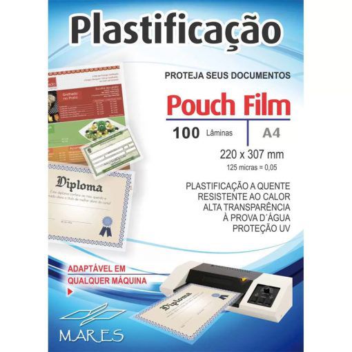 POUCH FILM – PLASTICO PARA PLASTIFICAÇÃO - 220X307MM - 125MICRAS= 0,05 CAIXA COM 100 LÂMINAS - MARES