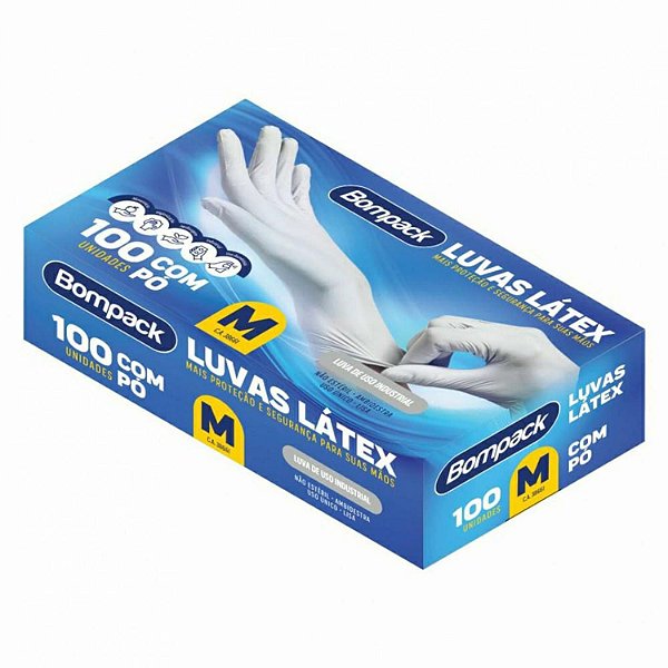 LUVA LÁTEX TAMANHO M COM PÓ 100 UNID - BOMPACK