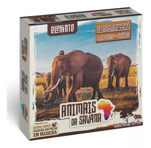 QUEBRA-CABEÇA  COLEÇÃO 100 PEÇAS EM MADEIRA, ANIMAIS DA SAVANA ELEFANTE REF.: 164/1- AQUARELA BRINQUEDOS
