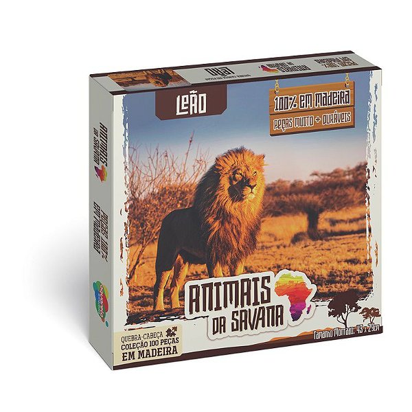 QUEBRA-CABEÇA COLEÇÃO 100 PEÇAS EM MADEIRA, ANIMAIS DA SAVANA LEÃO REF.: 164/4 - AQUARELA BRINQUEDOS