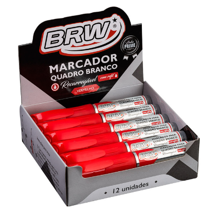 MARCADOR QUADRO BRANCO RECARREGAVEL COM CARTUCHO VERMELHO CA6023 - LINHA PRIME - CAIXA C/12 UN - BRW