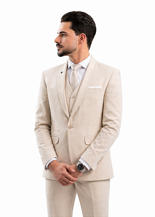 Terno Pataloo Linho Sem Colete Com Forro Jacquard Branco