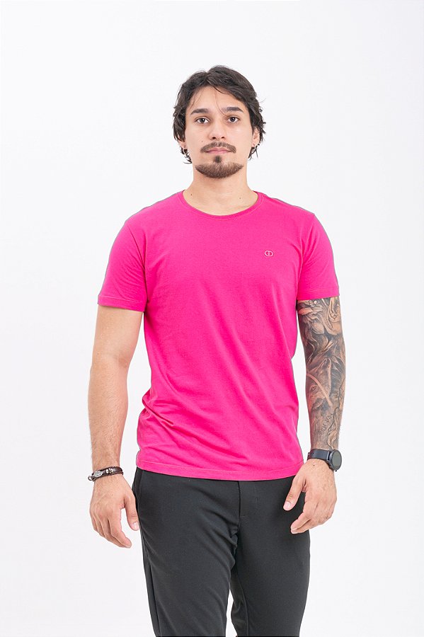 Camiseta Básica Masculina 100% Algodão Rosa Choque Essencial Pataloo