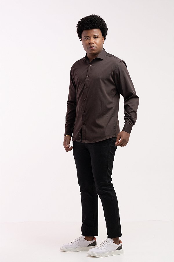 Camisa Social Marrom Vivacci Bambu Edição Luxo Não Amassa