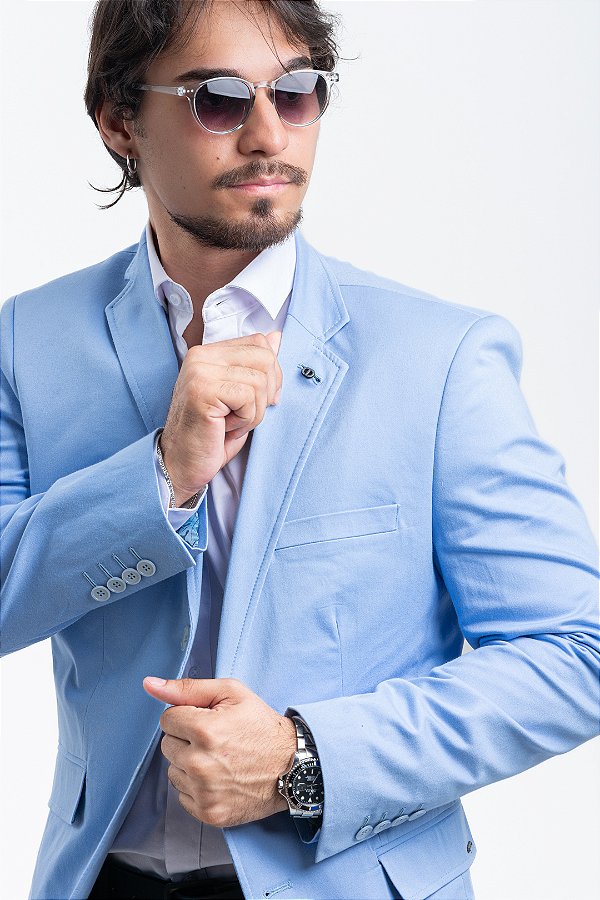Blazer Pataloo Sarja Masculino Slim Fit Com Elastano Azul Claro