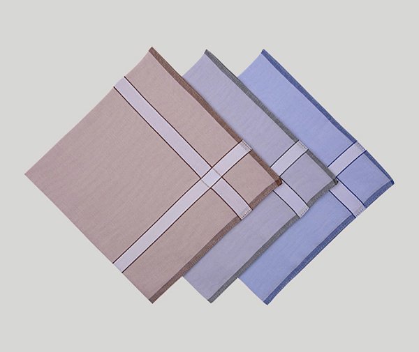 Kit 3 Lenços de Bolso Masculino Presidente Salmão, Azul e Lilás com Faixa Branca