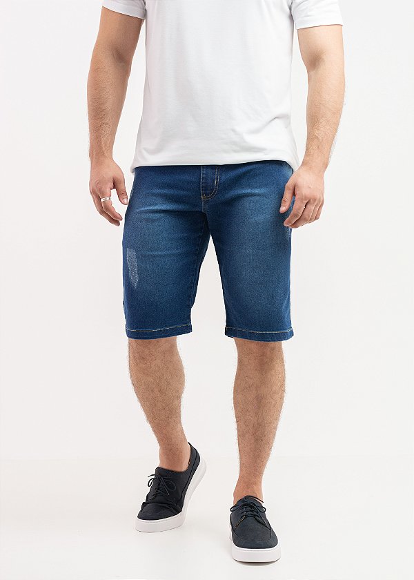 Bermuda Jeans Masculina Slim Elastano Azul Médio Worn Out PATALOO