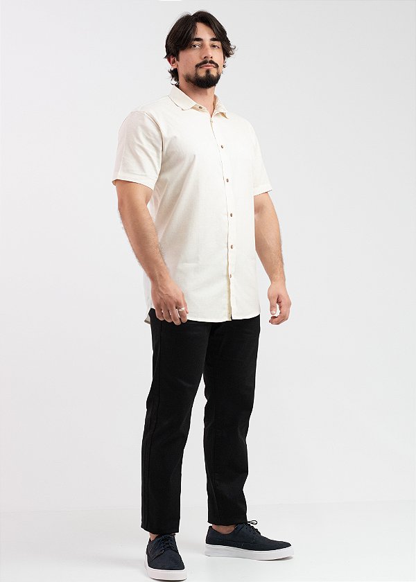 Camisa Social Manga Curta Pataloo Botão de Coco Linho Natural