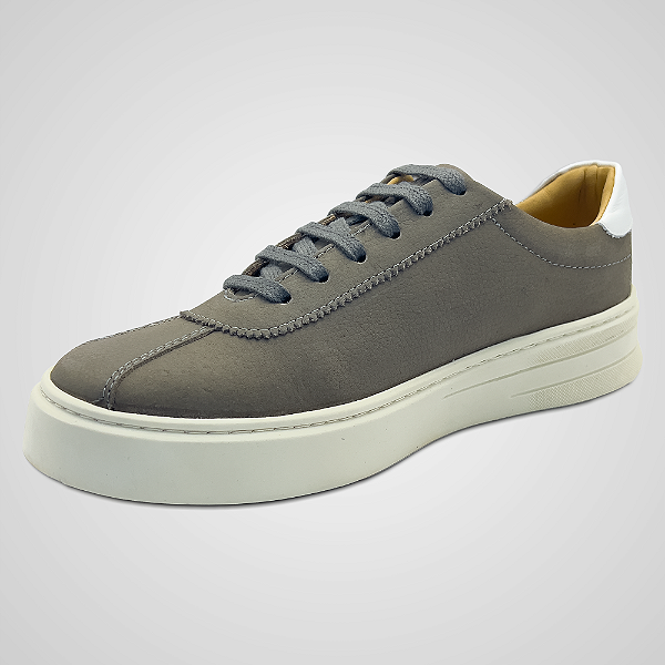 Tênis Casual Masculino Couro Nobuck Cinza Rio Costura Frontal Pataloo