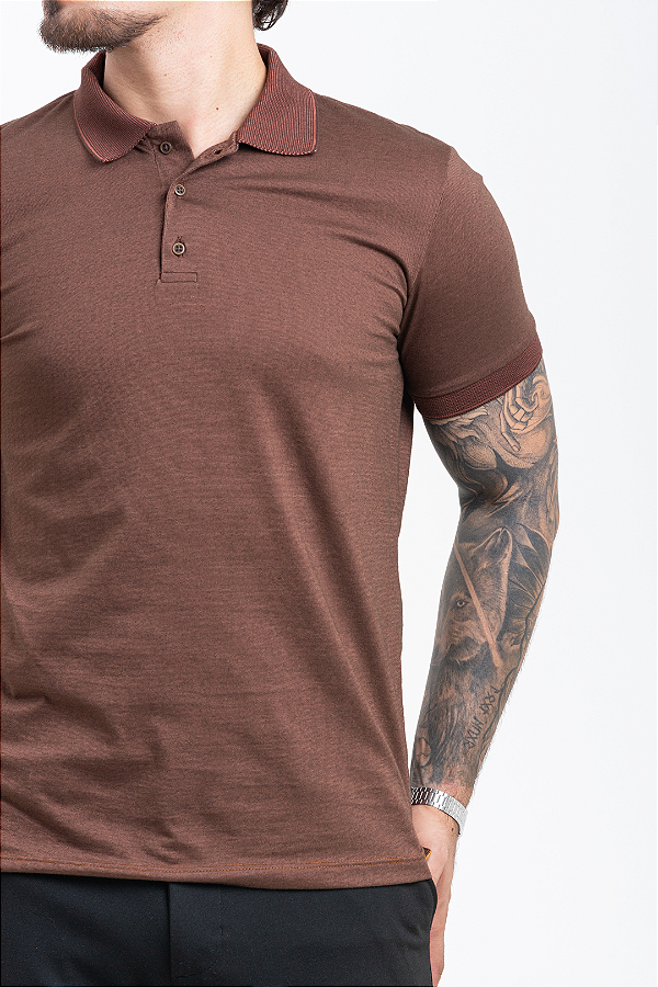 Camisa Polo Masculina Pataloo Marrom Mescla com Abertura Lateral
