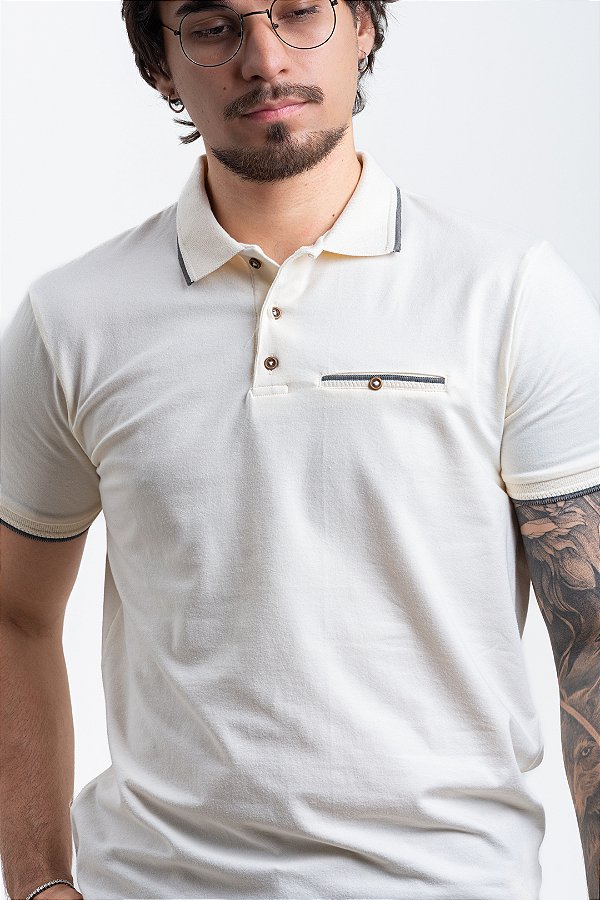 Camisa Polo Masculina Pataloo Creme Bolso Falso