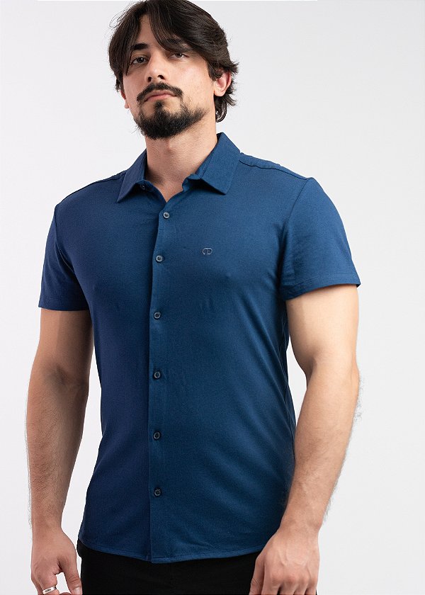 Camisa Social Pataloo Manga Curta Algodão Azul Marinho Slim