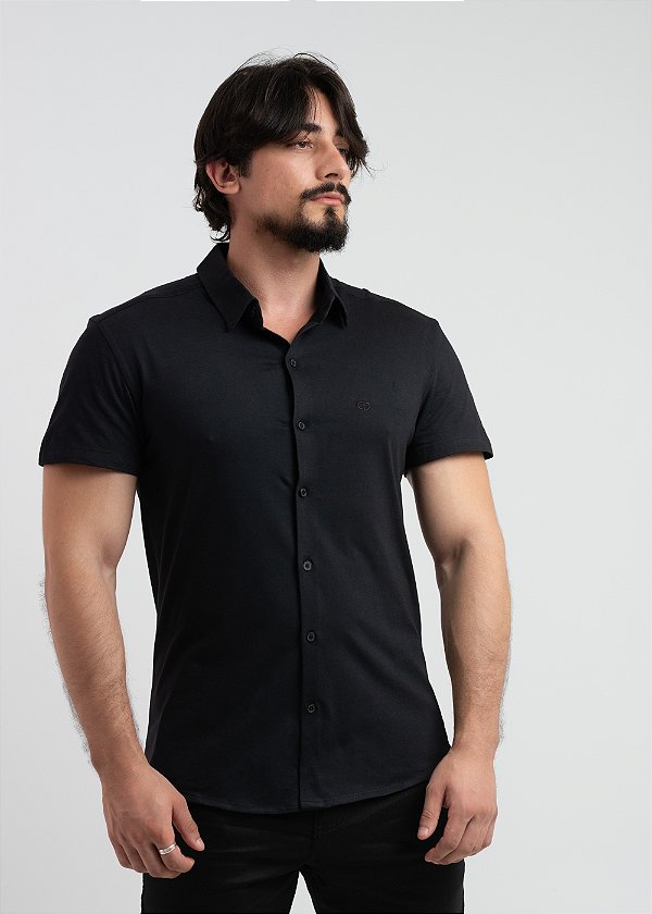 Camisa Social Pataloo Manga Curta Algodão Preta