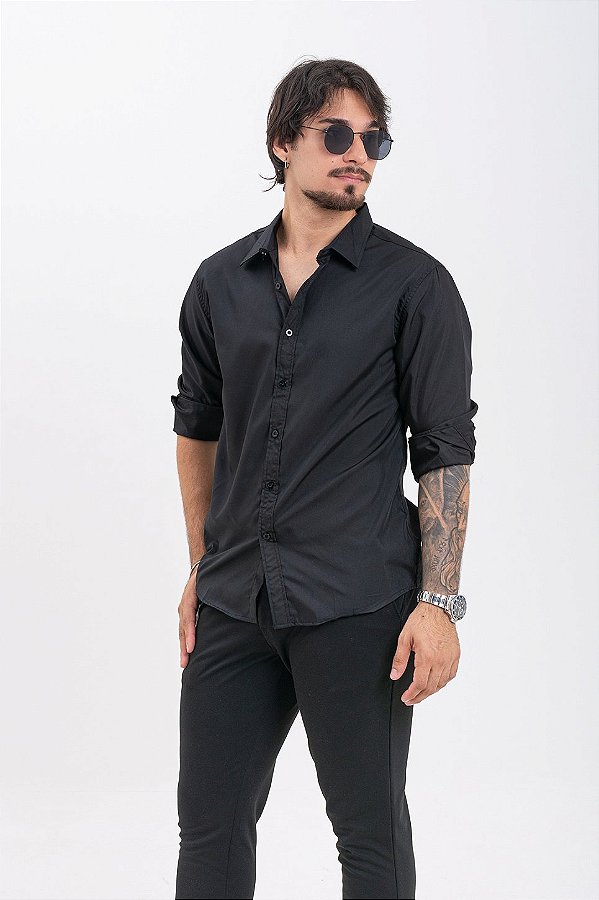 Camisa Social Masculina Microfibra Slim Manga Longa Preta PATALOO
