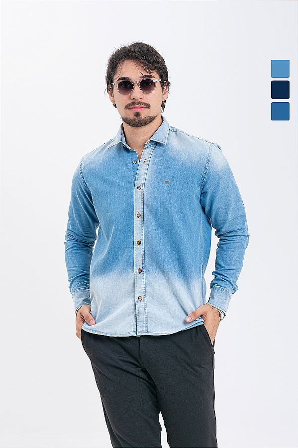 Camisa Social Masculina Jeans Slim Confortável PATALOO