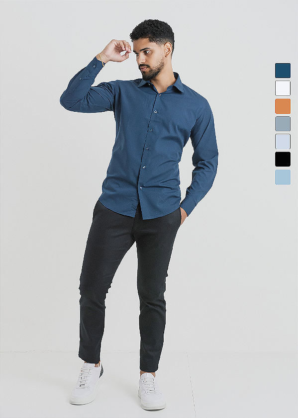 Camisa Social Masculina Slim Algodão Com Poliéster Manga Longa PATALOO