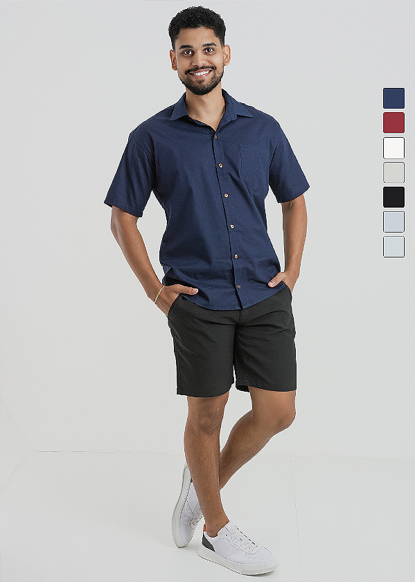 Camisa Social Masculina Manga Curta Linho Botão de Coco PATALOO
