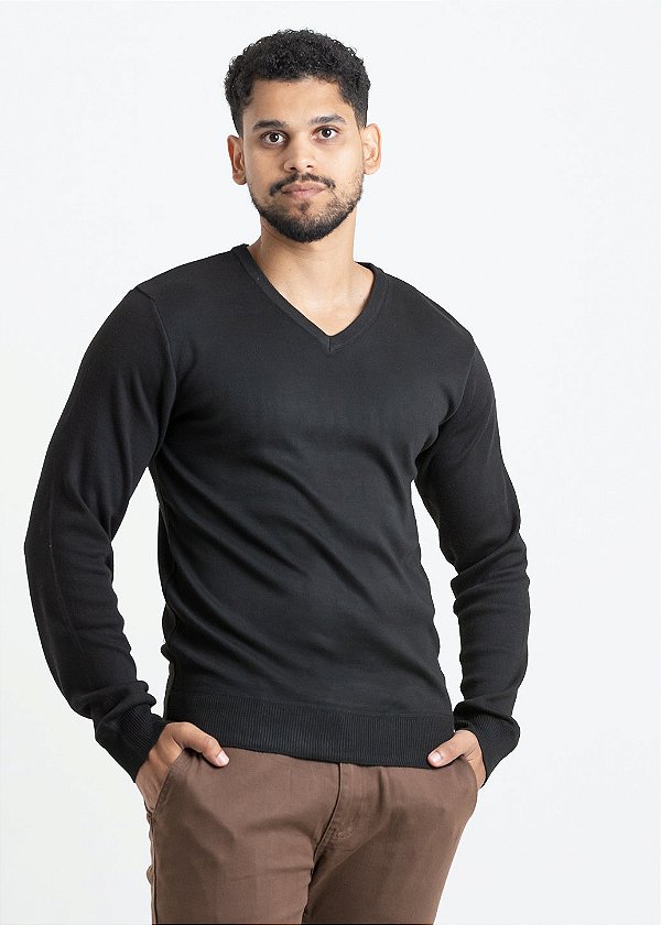 Suéter Masculino Gola V Slim Malha Leve Preto PATALOO