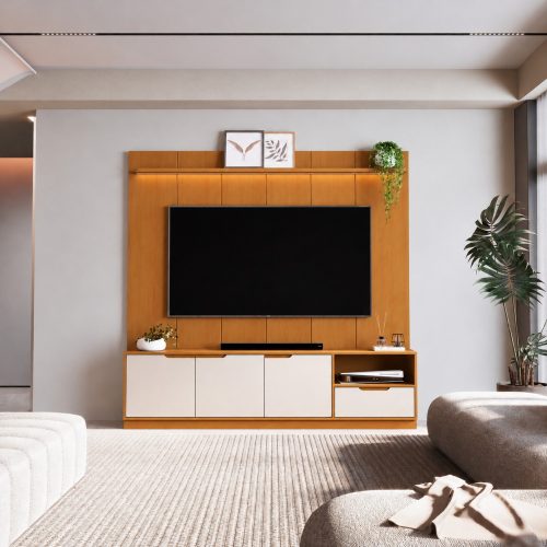 Bancada Tucumã + Painel Slim c/Prateleira e Led 1.80m 55″ – Nature/Off White