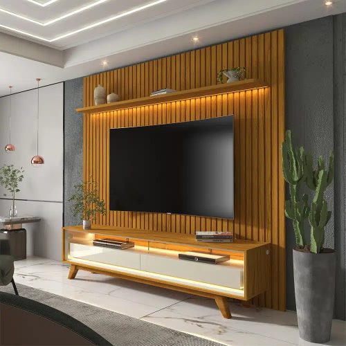 Painel Nobre c/Prateleira e Led + Rack Requinte 1.85m – Naturale/Off White