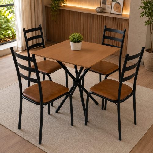 Conjunto Mesa Tubular Marabá c/4 Cadeiras 0.68×0.68m – Preto Fosco/Marrom Courino