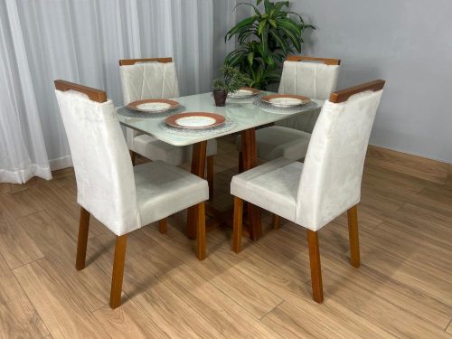 Mesa de Jantar Bali 1.20×0.80 Com 4 Cadeiras Isa – Cinamomo/Off White/Bege Veludo