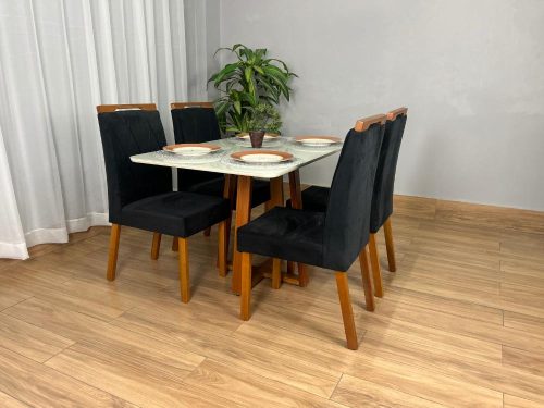 Mesa de Jantar Bali 1.20×0.80 Com 4 Cadeiras Isa – Cinamomo/Off White/Preto Veludo