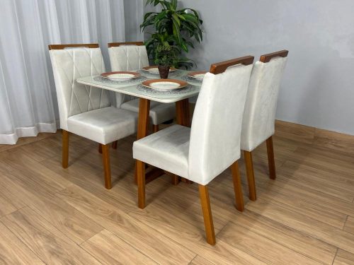 Mesa de Jantar Bali 90×90 Com 4 Cadeiras Isa – Cinamomo/Off White/Bege Veludo