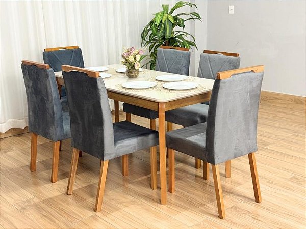 Mesa de Jantar Alegra 1.60×0.80 Com 6 Cadeiras Isa – Cinamomo/Off White/Cinza
