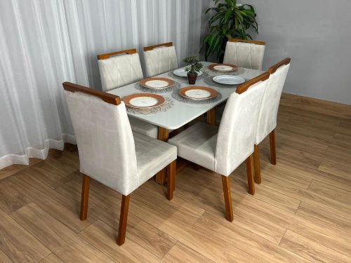 Mesa de Jantar Bali 1.60×0.80 Com 6 Cadeiras Isa – Cinamomo/Off White/Bege Veludo