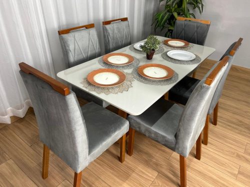 Mesa de Jantar Bali 1.60×0.80 Com 6 Cadeiras Isa – Cinamomo/Off White/Cinza Veludo