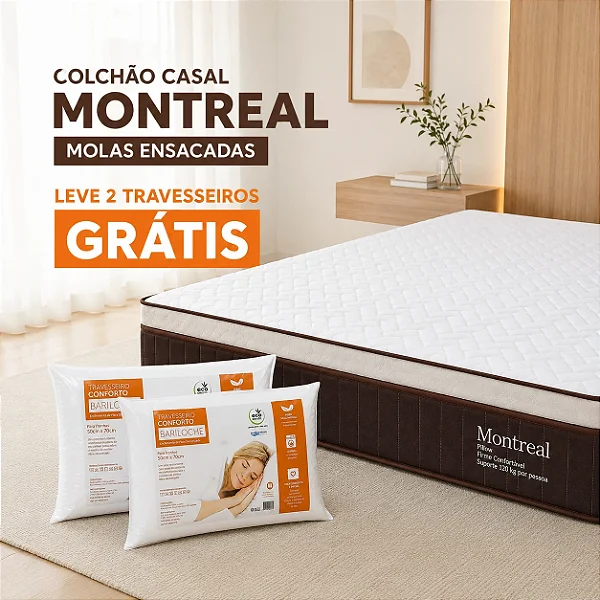 Colchão Casal Molas Ensacadas Montreal Viero 138x188x32 cm | Suporta até 260kg | 2 Travesseiros Grátis