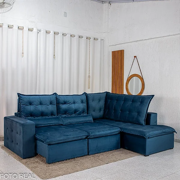 Sofá de Canto Retrátil Reclinável Nápoles 2.75 m Veludo Azul