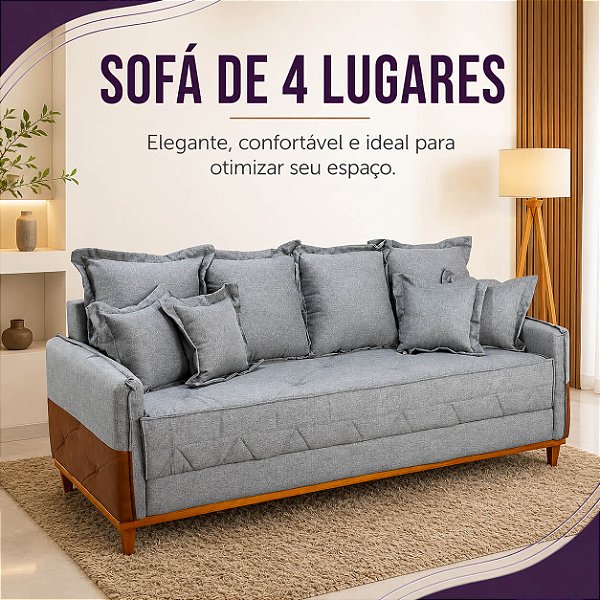 Sofá 4 Lugares Living Luca Linho Cinza com Detalhe Molas Bonnel - 2,10m