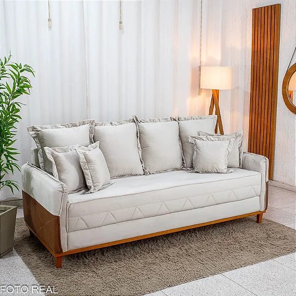 Sofá 4 Lugares Living Luca Veludo Bege Claro com Detalhe Molas Bonnel - 2,10m