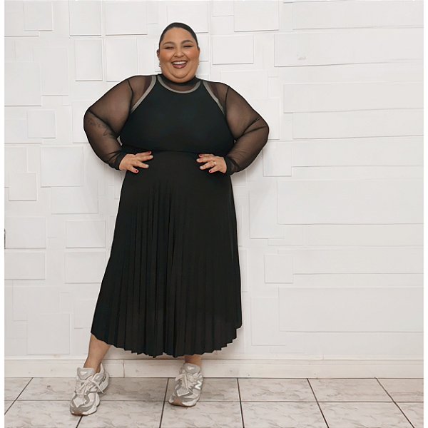 Saia Plissada Plus Size Forrada com Elástico e Tecido Confy