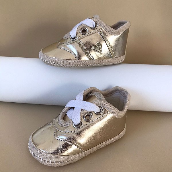 Tenis Menina Bebê Dourado Com Cadarço