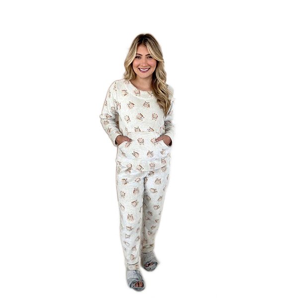 Pijama Fleece Vegano 100% Algodão Estampa de Coruja